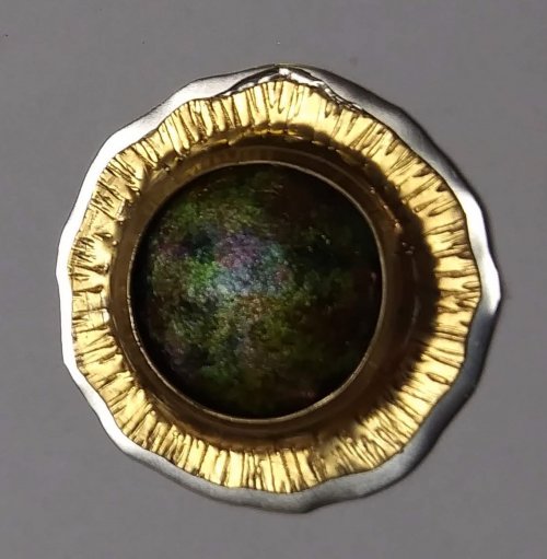 Judy Larson's Fold Formed Cuff With Faux Roman Glass or Coin Cabochon - , Metalwork, Cutting, Cutting Tool, Cutters, Dapping, Dapping Jewelry, Filing, Finishing, Forging, Forging Jewelry, Jewelry Forging, How To Punch Holes, Hole Punching, Punch A Hole, Oxidizing Wire, Oxidizing, Antiquing Wire, Antiquing, Riveting, Riveting Techniques, Wire Rivets, Sawing, Saw, Wire Saw, Texturing, Drilling, Drill, Fold Formed Faux Roman Glass Cuff